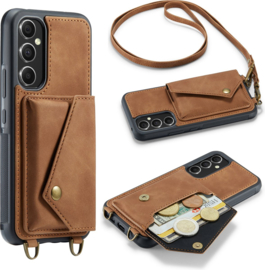 Casemania Hoesje Geschikt voor Samsung Galaxy A54 Sienna Brown - Luxe Back Cover met Koord - Wallet Case - Pasjeshouder