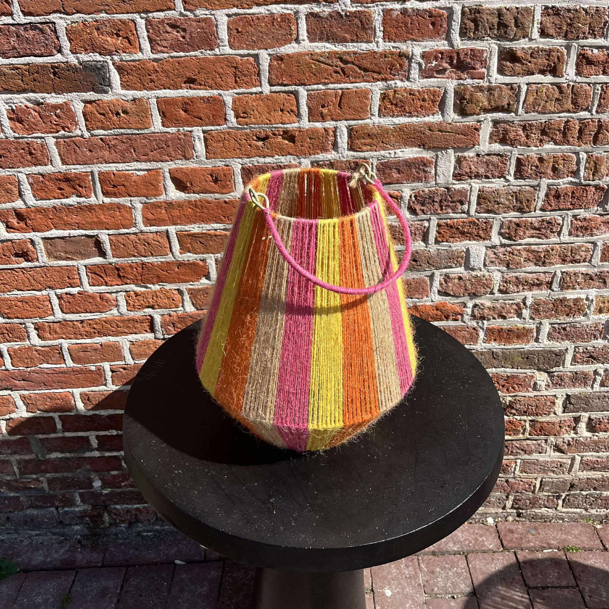 Lantaarn Jute 30x26cm streep smal (oranje-roze-geel-naturel)