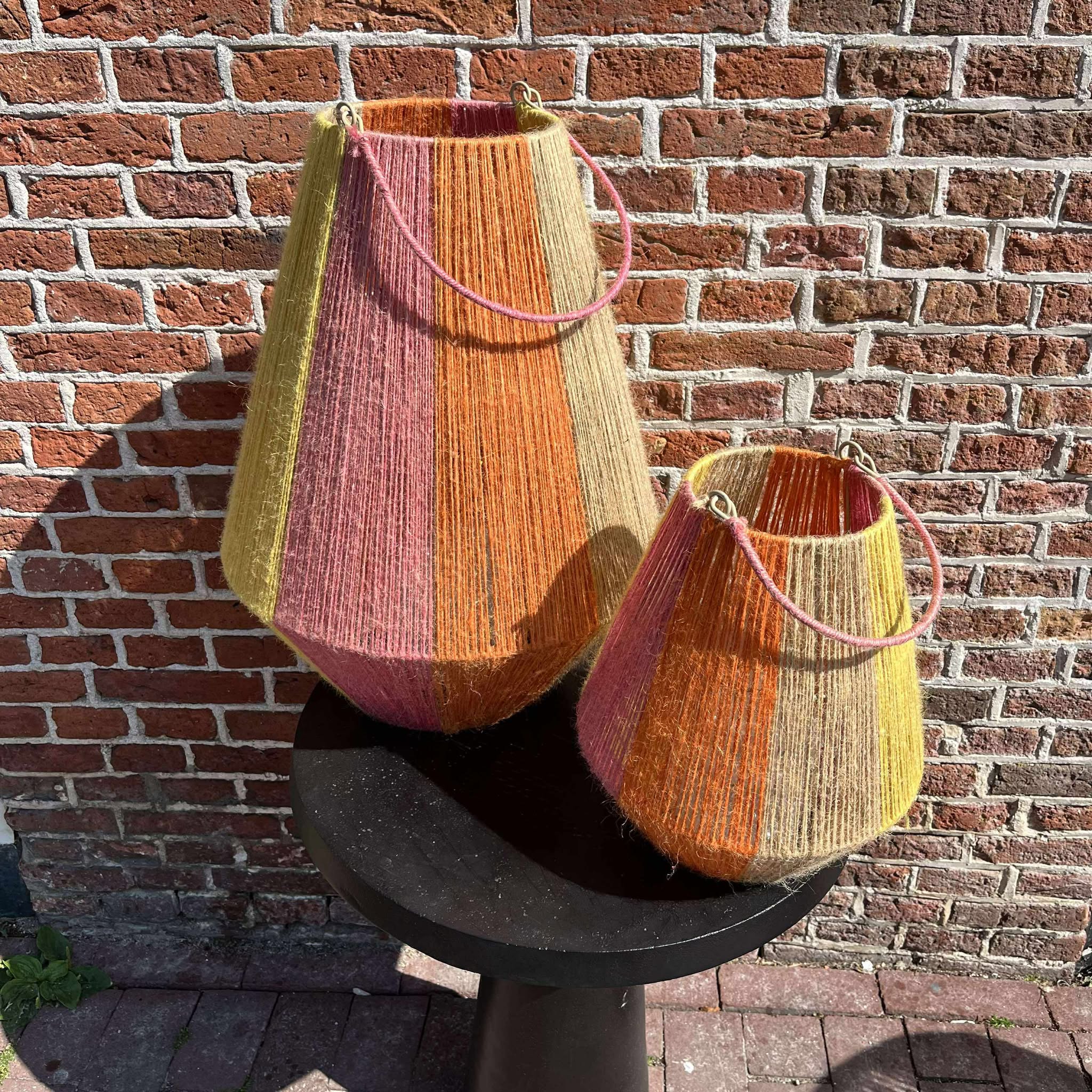 Lantaarn set Jute 50x20cm + 30x26cm streep breed (oranje-roze-geel-naturel)