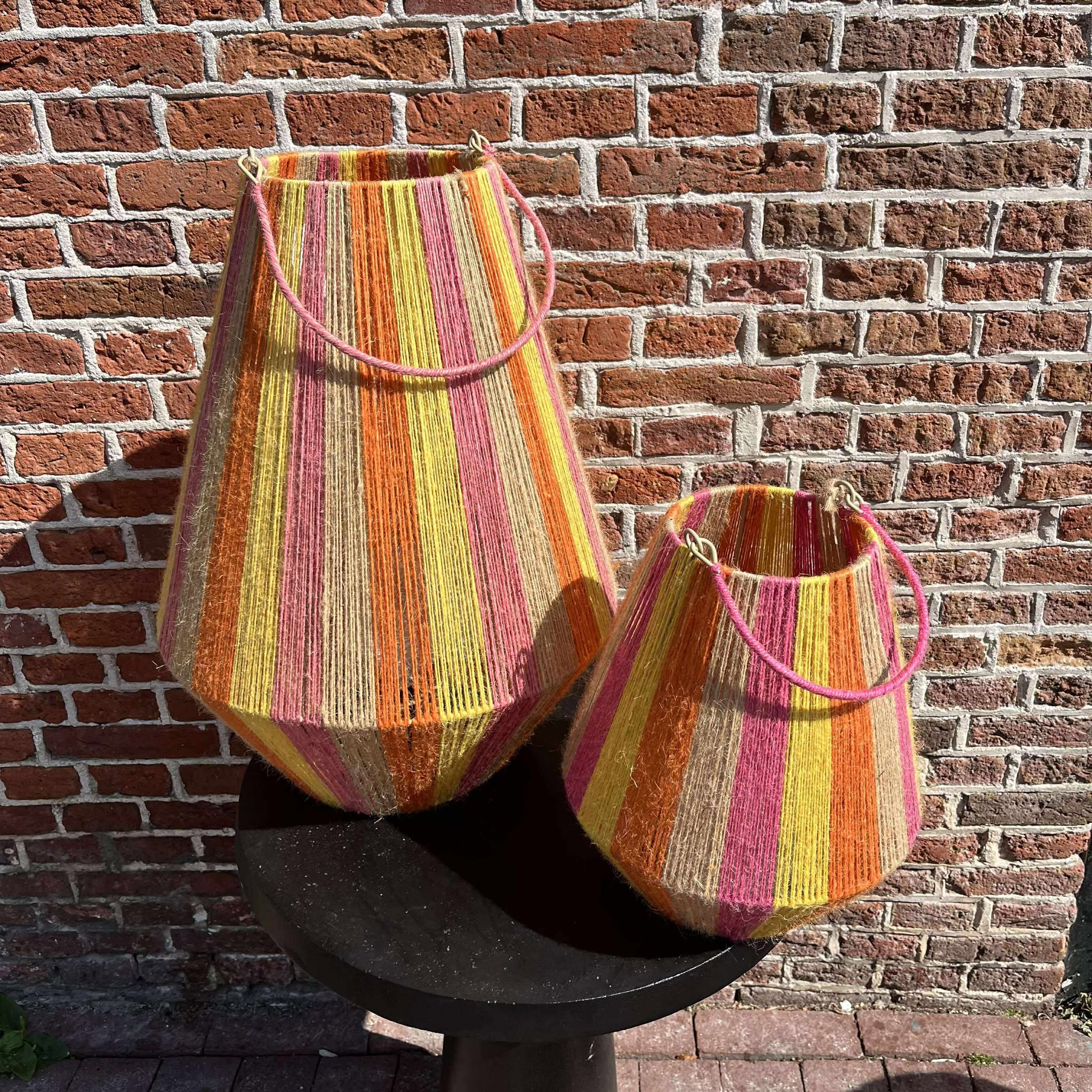 Lantaarn set Jute 50x20cm + 30x26cm streep smal (oranje-roze-geel-naturel)