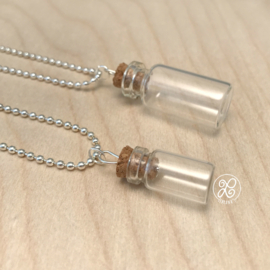 Set ketting met klein en groot leeg glazen flesje met kurk, handgemaakt tot ketting, goed te personaliseren