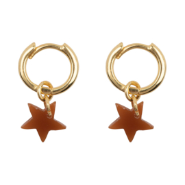 Small Hoop Resin Star Earring Gold Plated COGNAC