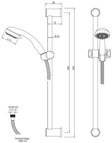 Easylux C50 doucheset 600 mm - handdouche 3 standen (8 l/m) - flexibel 1600 mm - chroom