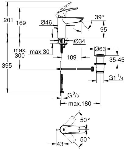 Grohe Eurosmart 2021 S wastafelmengkraan met automatische lediging - chroom