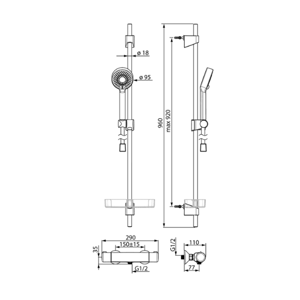 Hansa Hansamicra douchethermostaatset - chroom - Micra douchethermostaat - doucheset - handdouche 3 stralen - doucheflexibel 1/2 x 1750 mm