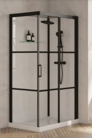 KINEDO Douchecabine Brooklyn Zwart Schuifdeur, 110X80 Glasverdeling 2 Zwarte Lijsten , Thermostaatkraan