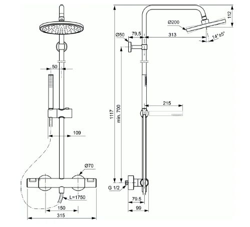 Ideal Standard Ceratherm douchesysteem met staafhanddouche en ronde regendouche 200 mm - zwart mat