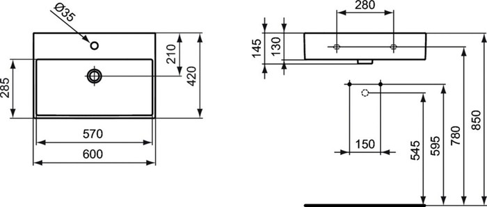 Ideal Standard Strada wastafel 600 x 420 x 145 mm - wit - met kraangat - met overloop