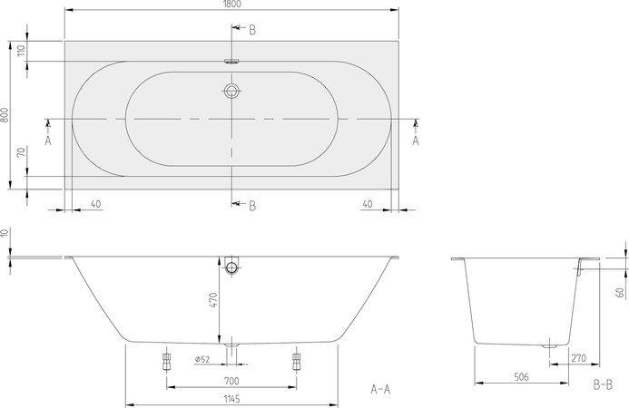 Villeroy & Boch Oberon 2.0 bad quaryl 1800 x 800 mm - wit - met poten