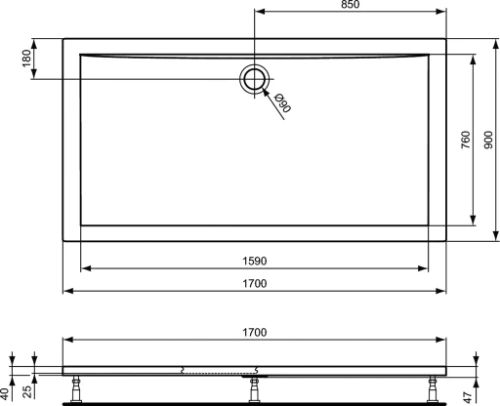 Ideal Standard Ultra Light douchebak acryl 1700 x 900 x 47 mm - wit - afvoeropening 90 mm