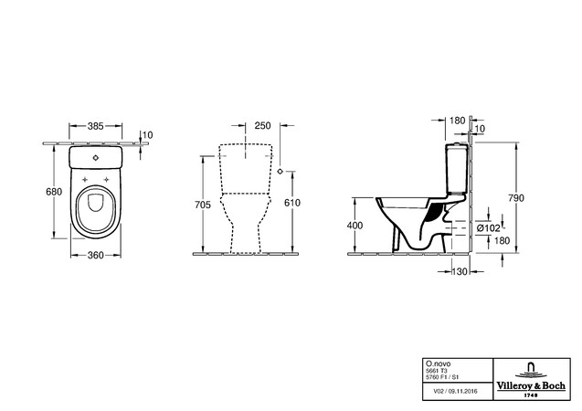 Villeroy & Boch O.Novo staand toilet PACK (onderpot + spoelbak + zitting met softclose) uitgang H - wit - B360xD680 mm