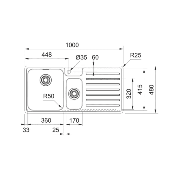 Franke Bell vlakbouwspoeltafel 1000 x 480 mm - 1 + 1/2 bak - inox - met verlek rechts