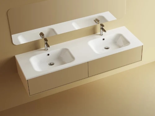 Easylux Klaire wastafelblad kunstmarmer met 2 waskommen 1600 x 460 mm - wit mat - voorgeboord kraangat