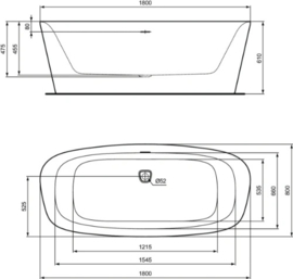 Ideal Standard Dea vrijstaand bad acryl 1800 x 800 x 610 mm - wit mat - met badlediging - voorgemonteerde poten