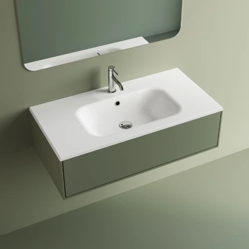 Easylux Klaire wastafelblad kunstmarmer met 1 waskom midden 900 x 460 mm - wit shiny - voorgeboord kraangat