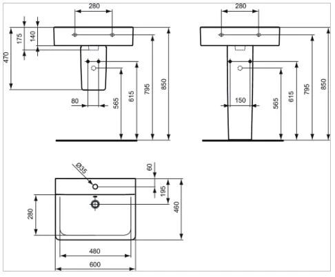 Ideal Standard Connect Cube wastafel 600 x 460 x 175 mm - wit - met kraangat - met overloop
