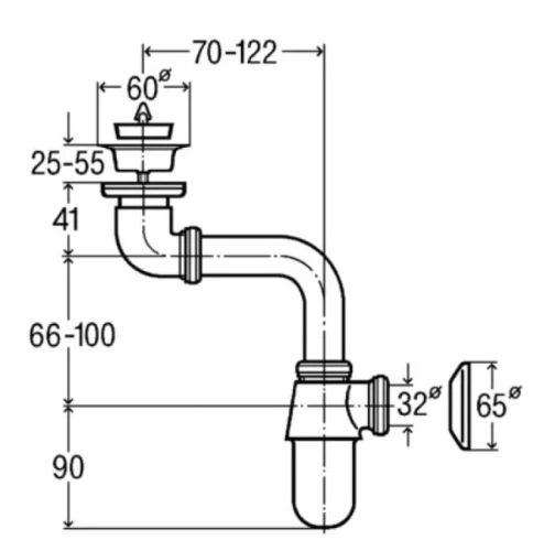 Viega Universal chroom bekersifon met afvoerplug 5/4 x 32 mm - plaatsbesparend - zonder muurbuis - chroom