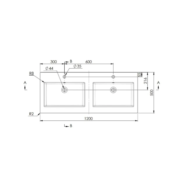 Easylux Quadra wastafelblad kunstmarmer met 2 waskommen 1200 x 500 mm - wit