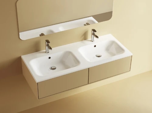 Easylux Klaire wastafelblad kunstmarmer met 2 waskommen 1200 x 460 mm - wit mat - voorgeboord kraangat