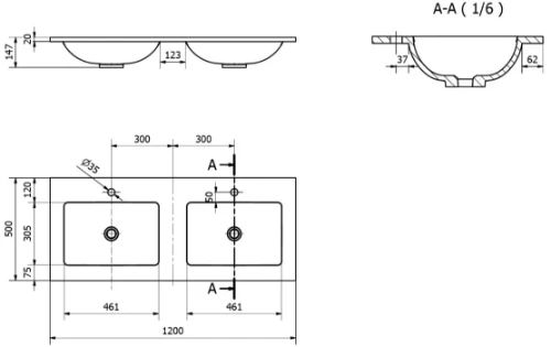 Easylux Solid wastafelblad in solid surface met 2 waskommen 1200 x 500 x 20 mm - wit mat - met kraangaten