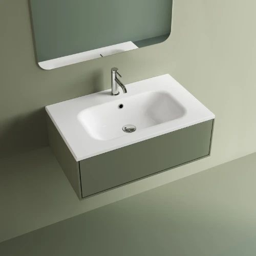 Easylux Klaire wastafelblad kunstmarmer met 1 waskom midden 700 x 460 mm - wit shiny - voorgeboord kraangat