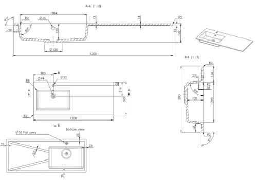 Easylux Quadra wastafelblad kunstmarmer met 1 waskom links 1200 x 500 mm - wit mat