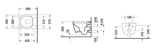 Duravit ME by Starck compact hangtoilet PACK Rimless (hangtoilet + zitting met softclose) zonder spoelrand - wit - B370xD480 mm