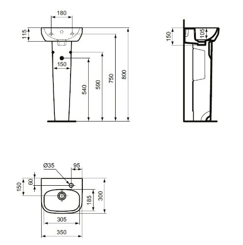 Ideal Standard i.life A handenwasser 350 x 300 mm met doorgestoken kraangat rechts en met overloop - Glossy White