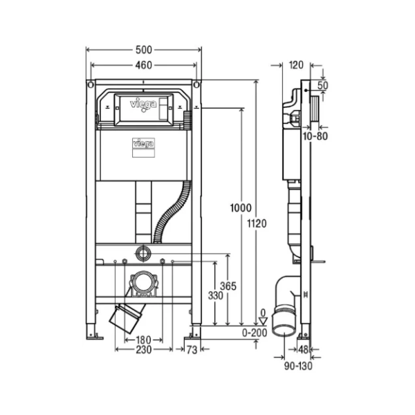 Viega Prevista Dry WC-element 3-6 l - 1120 x 500 mm - met bevestingset - PP-bocht met reductie