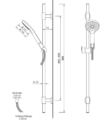 Easylux Push doucheset 682 mm - handdouche 3 standen - flexibel 1600 mm - chroom - variabele bevestigingspunten