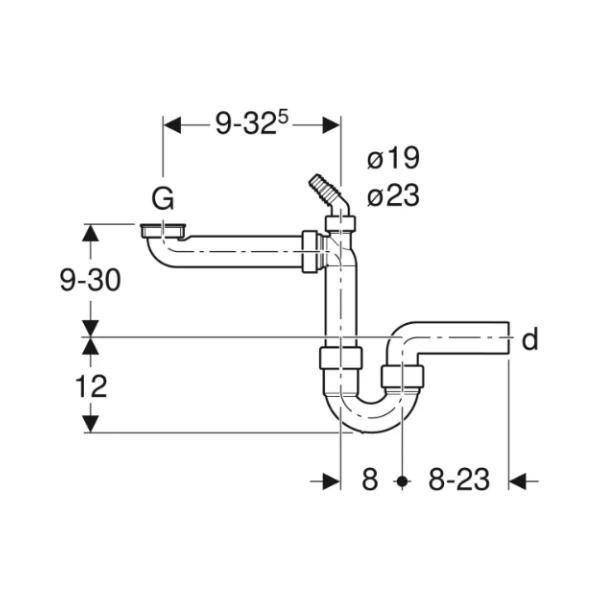 Geberit PP enkele buissifon plaatsbesparend 6/4 x 40 mm - wit - met wasmachineaansluiting