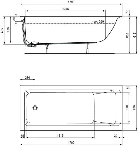 Ideal Standard Connect Air Slim bad 1700 x 750 mm - wit mat - zonder poten