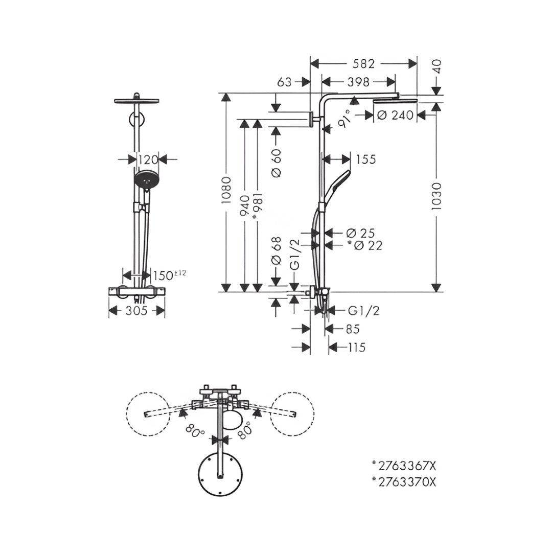 Hansgrohe Raindance Select S 240 PowderRain Showerpipe douchesysteem - chroom - thermostaat - hoofddouche - handdouche 3jet