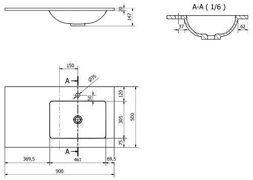 Easylux Solid wastafelblad in solid surface met 1 waskom rechts 900 x 500 x 20 mm - wit mat - met kraangat