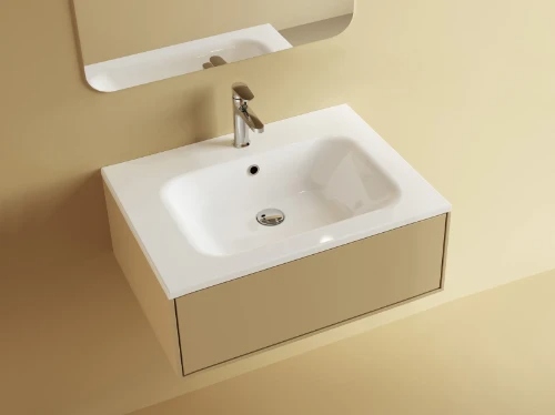Easylux Klaire wastafelblad kunstmarmer met 1 waskom midden 700 x 460 mm - wit mat - voorgeboord kraangat