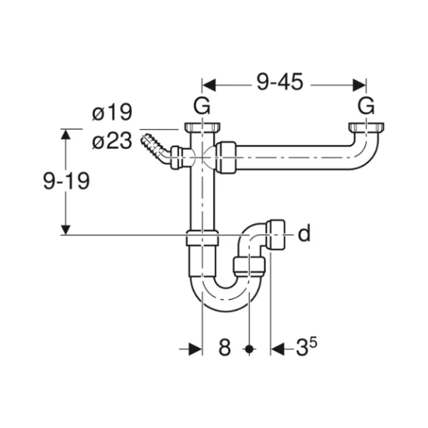 Geberit PP dubbele buissifon 6/4 x 40 mm - wit - met wasmachineaansluiting - met knelaansluiting