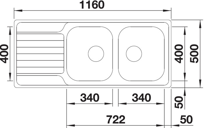 Blanco Dinas inb spoeltafel omkeerb incl garnituur rvs 18/10 8S 116x50cm