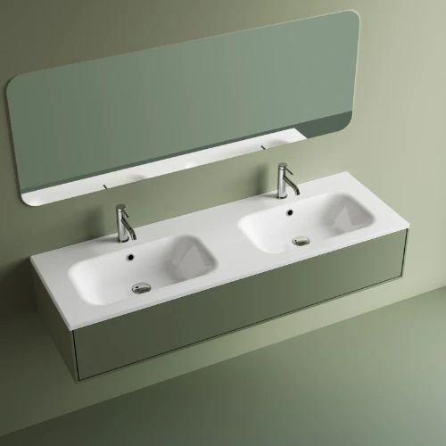 Easylux Klaire wastafelblad kunstmarmer met 2 waskommen 1400 x 460 mm - wit shiny - voorgeboord kraangat