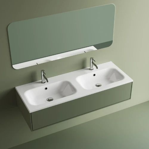 Easylux Klaire wastafelblad kunstmarmer met 2 waskommen 1200 x 460 mm - wit shiny - voorgeboord kraangat