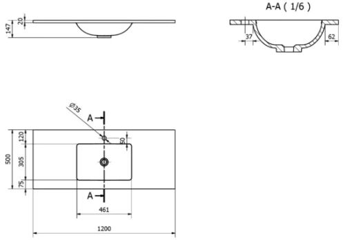 Easylux Solid wastafelblad in solid surface met 1 waskom midden 1200 x 500 x 20 mm - wit mat - met kraangat