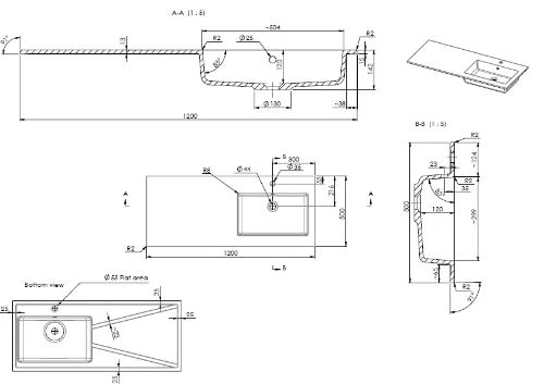 Easylux Quadra wastafelblad kunstmarmer met 1 waskom rechts 1200 x 500 mm - wit mat
