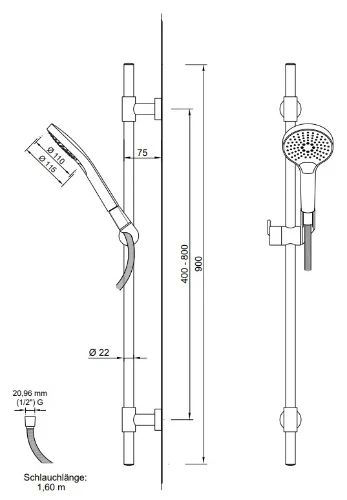 Easylux Push doucheset 900 mm - handdouche 3 standen - flexibel 1600 mm - chroom - variabele bevestigingspunten