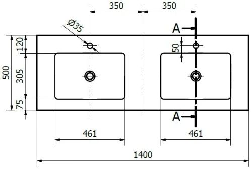 Easylux Solid wastafelblad in solid surface met 2 waskommen 1400 x 500 x 20 mm - wit mat - met kraangaten