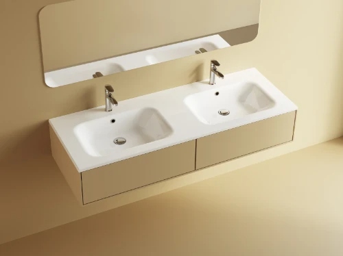Easylux Klaire wastafelblad kunstmarmer met 2 waskommen 1400 x 460 mm - wit mat - voorgeboord kraangat