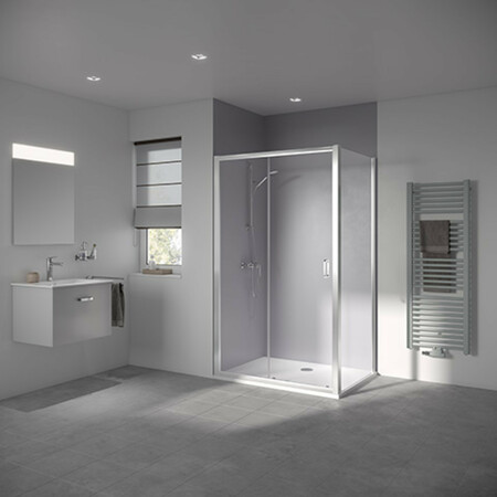 Kermi Stina G2D schuifdeur 1400 x 1950 mm - verstelbaarheid 1360-1410 mm - SIHG ESG helder Clean 2-delig met vast segment - profiel : zilver hoogglans