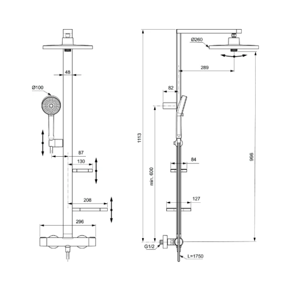 Ideal Standard Alu+ douchethermostaatset - hoofddouche 260 mm - handdouche 100 mm - zwart mat