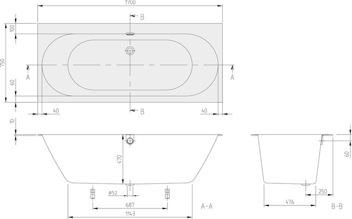 Villeroy & Boch Oberon 2.0 bad quaryl 1700 x 750 mm - wit - met poten