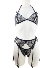 Sexy Erotische Lingerie set met jarretel clips onesize Dames Zwart