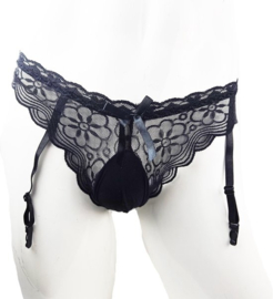 Sexy String met jarretel clips - One size - Sexy Zwart Erotische onderbroek Heren