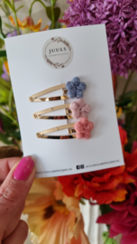 Haarspeldje mini wol flower set blue (3 pieces)